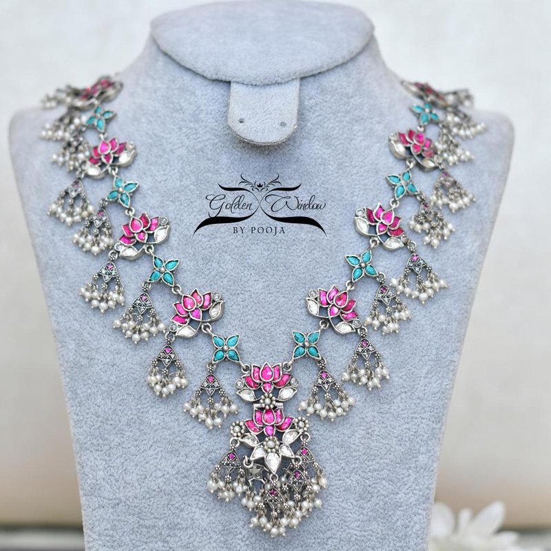 Sea Blue And Pink Tribal Silver Neckpiece