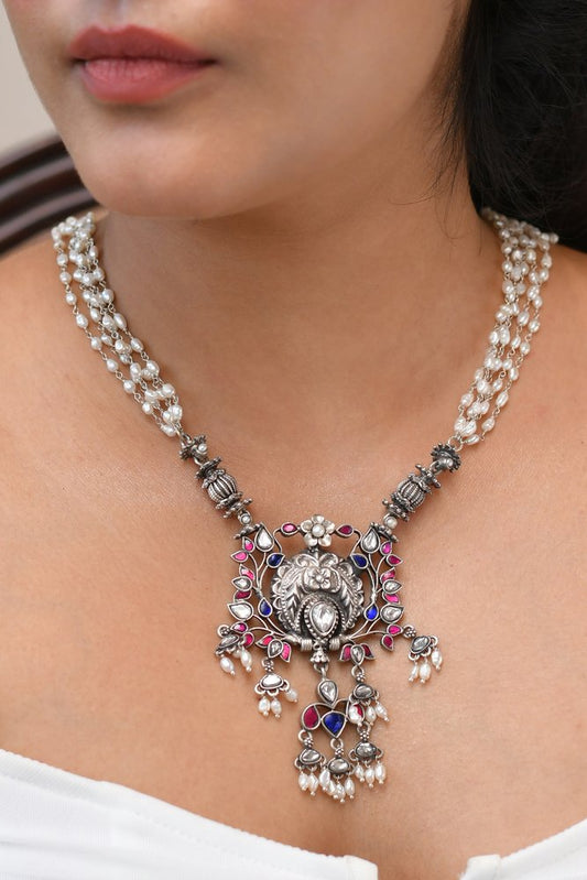 Pink And Purple Stone Silver Neckpiece