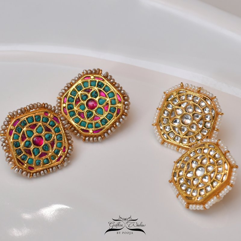 Gold Polish Kundan Work Ruby And Turquoise Stones With Pearls