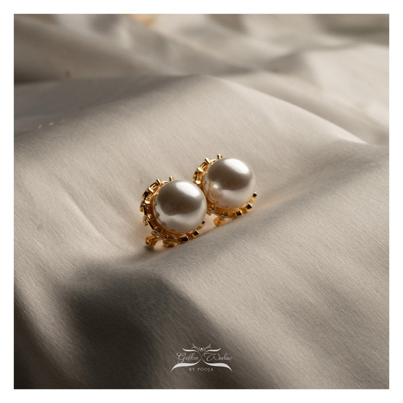 Statement Pearl White Ball Earrings With Handcrafted Gold Coverings