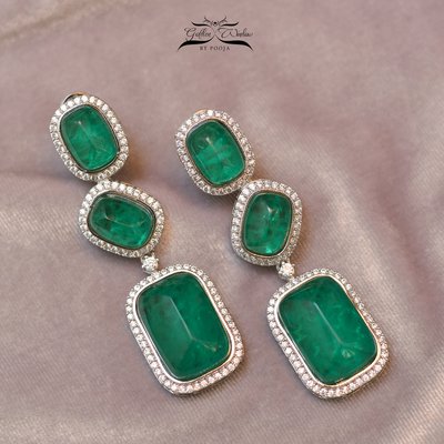 Silver Stone Studded Emerald Earrings