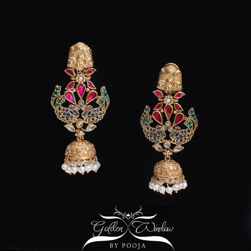 Multi Coloured Stone Tribal Silver Jhumka