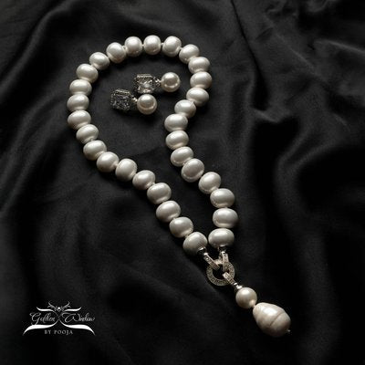 Baroque South Sea Statement Pearl Necklace With Ziconia Pendant And Small Earrings